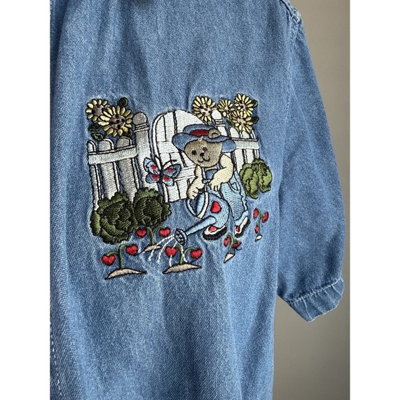 Vintage Quizz Again Denim Button Up Shirt Women M Embroidered Teddy Cottagecore - Picture 3 of 5